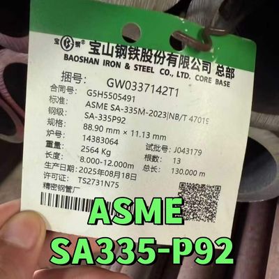 ASME SA335 P92 ท่อสแตนเลสสแตนเลสสําหรับไบเลอร์อุณหภูมิสูง 88.9 * 11.13 มิลลิเมตร